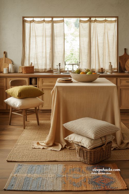 Textile-Rich Boho Kitchen Ideas with Layered Jute Rugs and Linen Curtains