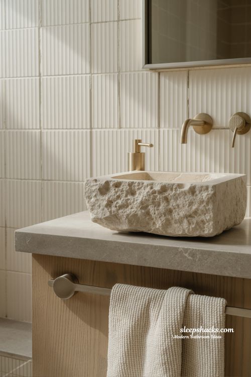 Texture-Rich Modern Bathroom with Fluted Tiles, Stone Vessel Sink, and Mixed Metals