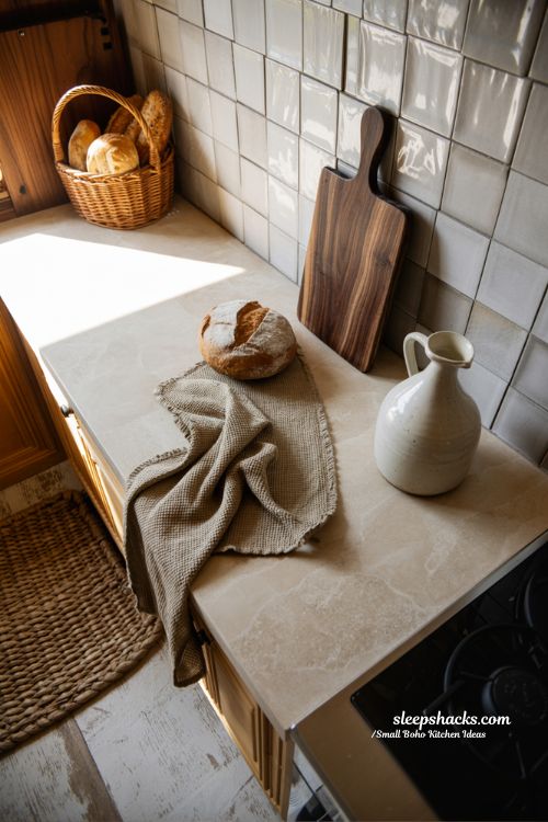 Textured Small Boho Kitchen with Linen, Wood, and Zellige Tile