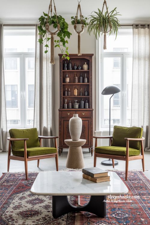 Timeless Vintage Boho Living Room Design with Antique Furniture and Modern Accents