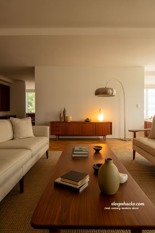 Timeless mid-century modern decor living room with warm wood balance