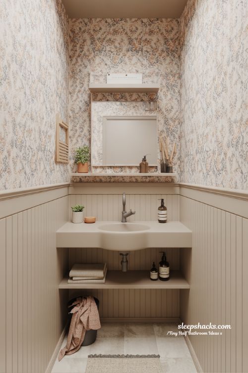 Tiny Half Bathroom Ideas Bold Wallpaper Accent Wall