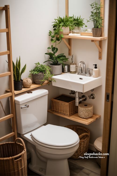 Tiny Half Bathroom Nature-Inspired Touches With Plants