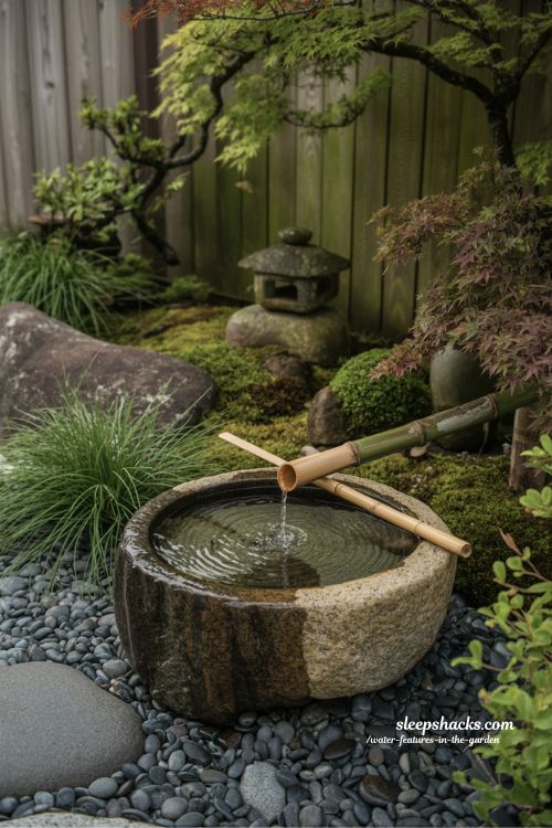Traditional Japanese stone water basin tsukubai with bamboo fountain and mossy stones in a tranquil zen garden retreat.