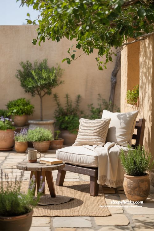 Tranquil Mediterranean Patio Nook with Cozy Seating, Woven Textures, and Lush Potted Plants
