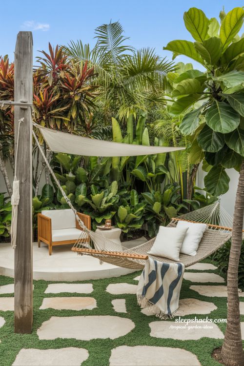 Tropical Entryway Garden with Architecturally Striking Plants and Large Potted Specimens