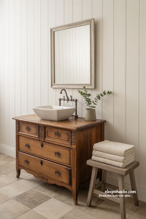 Unique Farmhouse Bathroom with Antique Dresser Repurposed into a Vanity and Vessel Sink