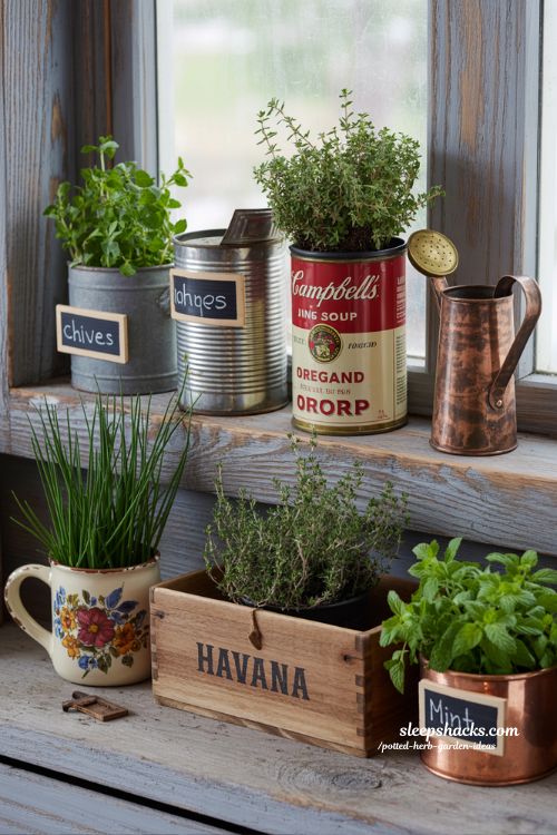 Upcycled potted herb garden ideas using old mugs tin cans and wooden boxes for a personal kitchen windowsil