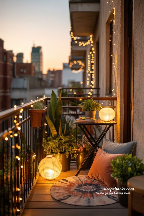 Urban Garden Balcony Ideas Cozy Evening Lighting Glow