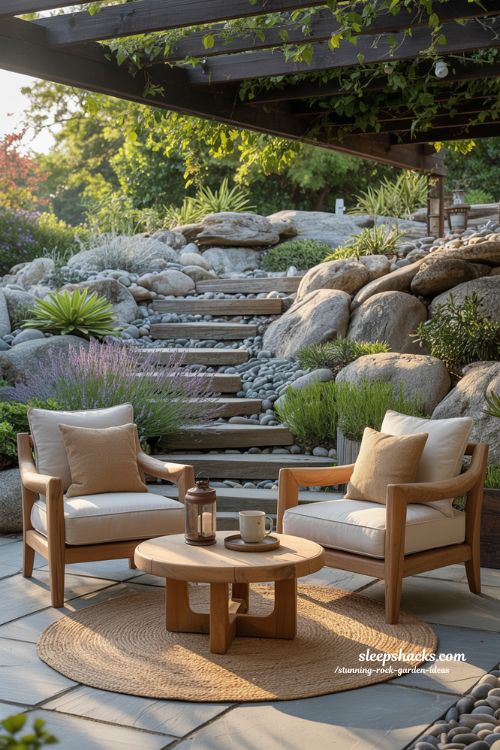 Usable and Cozy Backyard Rock Garden with Seating and Decor