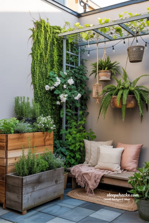 Vertical garden design transforming plain walls with lush planters and climbing plants in a charming small backyard nook.