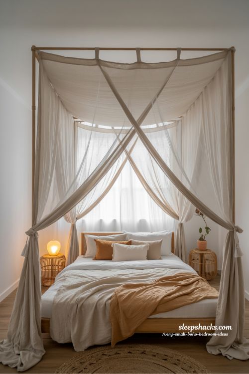 Very Small Boho Bedroom Ideas Dreamy Canopy Bed Soft Sheer Fabric Cozy Tiny Bohemian Bedroom Design