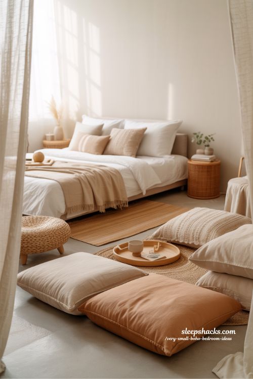 Very Small Boho Bedroom Ideas Floor Seating Cozy Relaxed Tiny Bohemian Bedroom Low Furniture Design