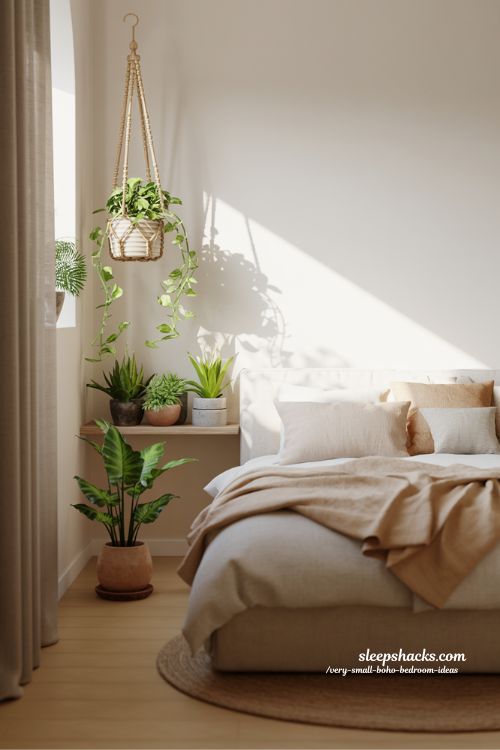 Very Small Boho Bedroom Ideas Indoor Plants Natural Greenery Cozy Tiny Bohemian Bedroom Design