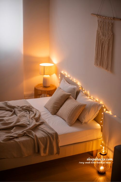 Very Small Boho Bedroom Ideas Layered Lighting Soft Glow Cozy Tiny Bohemian Bedroom Mood Lighting Design