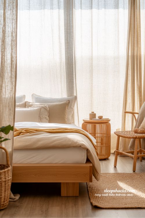 Very Small Boho Bedroom Ideas Natural Materials Calm Warm Cozy Tiny Bohemian Bedroom Interior Design