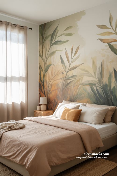 Very Small Boho Bedroom Ideas Statement Wall Botanical Accent Cozy Tiny Bohemian Bedroom Design