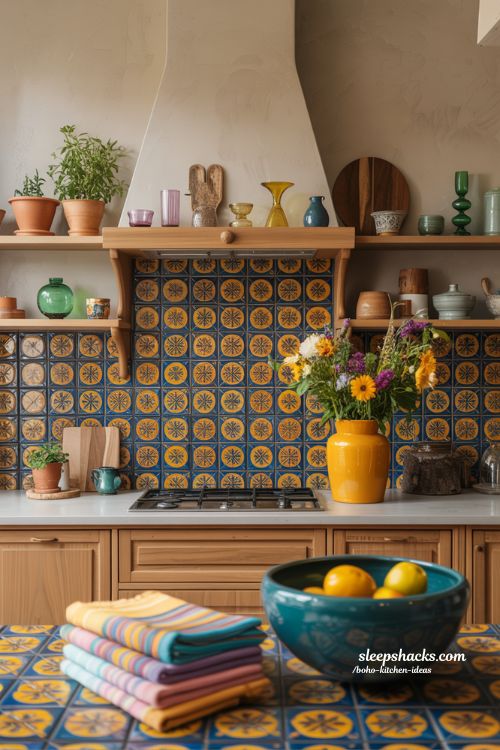 Vibrant Boho Kitchen with Colorful Tile Backsplash and Eclectic Decor