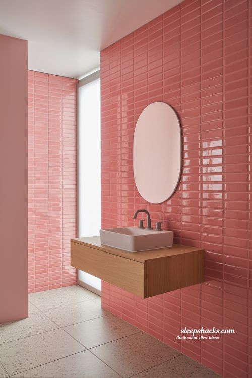 Vibrant Dusty Pink Vertical Stacked Bathroom with Black and White Accents