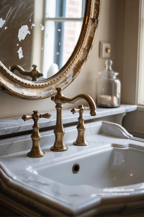 Vintage Brass Fixtures and Antique Mirror for Cottagecore Bathroom