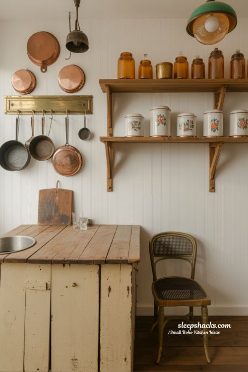 Vintage Small Boho Kitchen with Antique Wood and Aged Copper Accents