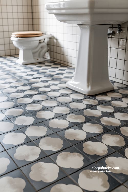 Vintage bathroom decor featuring patterned floor tiles and subway walls in sharp focus