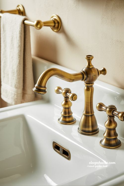 Vintage bathroom decor with aged brass taps and porcelain sink in sharp focus