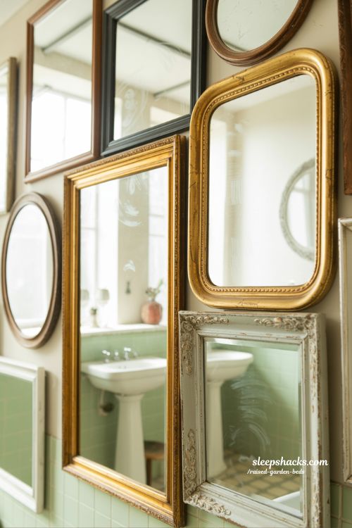 Vintage bathroom decor with antique mirror wall and ornate frames in sharp focus