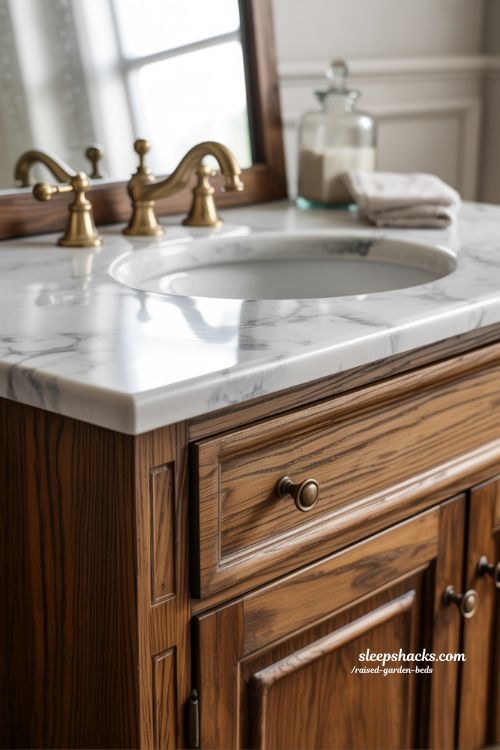 Vintage bathroom decor with marble countertop brass fixtures and wood vanity in sharp focus