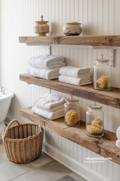 Vintage bathroom decor with open wood shelving and woven storage baskets in sharp focus