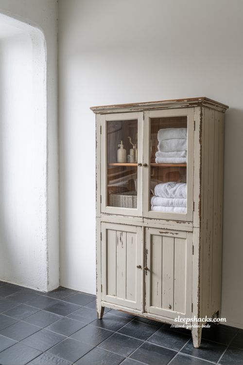 Vintage bathroom decor with repurposed antique cabinet and white towels in sharp focus