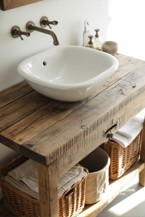 Vintage bathroom decor with rustic wood vanity and ceramic sink in sharp focus