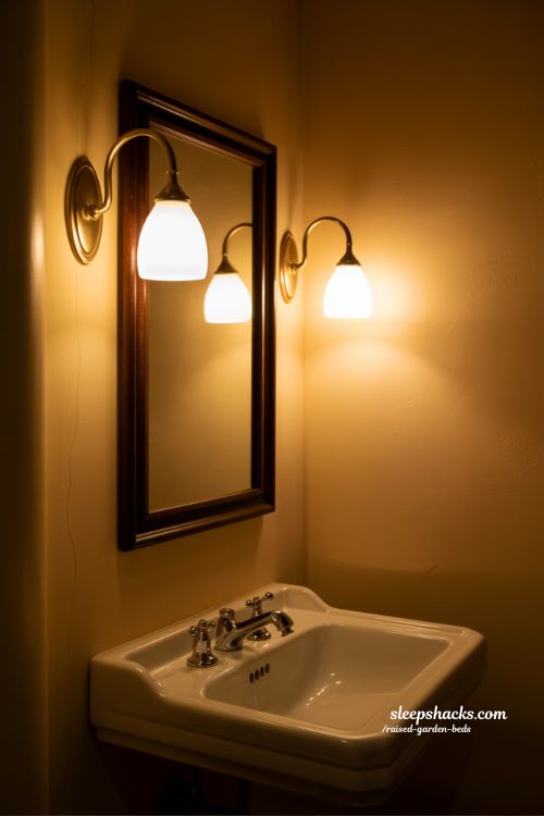 Vintage bathroom decor with warm brass wall sconces and soft lighting in sharp focus