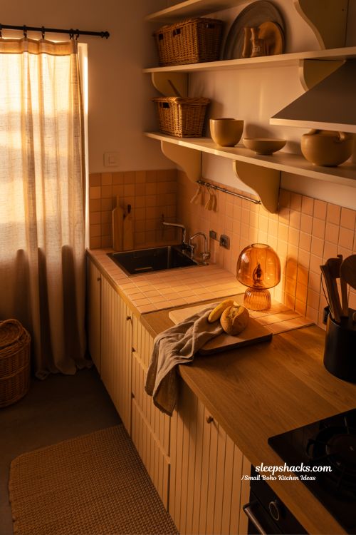 Warm Earthy Boho Kitchen with Golden Hour Lighting and Jute Textures