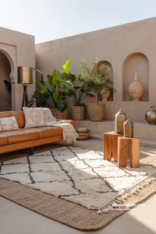 Warm Moroccan Boho Living Room Design with Metallic Accents and Layered Textiles