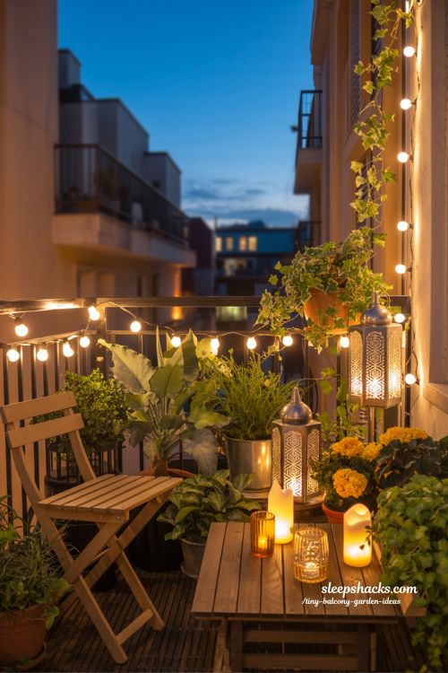 Warm String Lights and Lanterns Creating a Cozy Evening Balcony Escape
