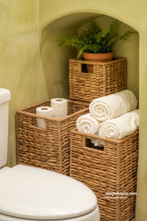 Warm Texture Above Toilet Decor with Woven Seagrass Baskets