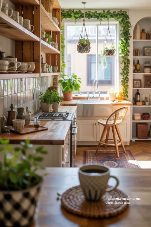 Warm and Earthy Boho Kitchen Design with Natural Wood and Plants