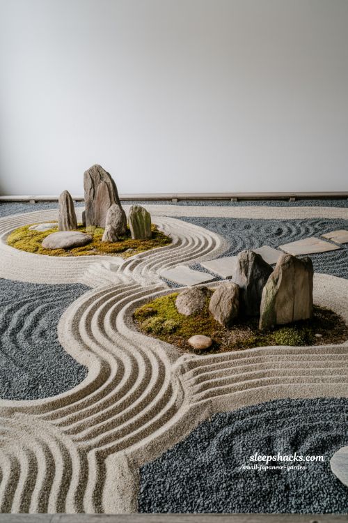 Waterless zen small japanese garden gravel designs with raked patterns stones moss and minimalist layout