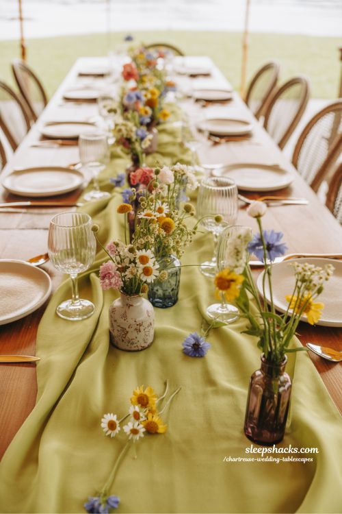 Whimsical Wildflower Arrangements on Chartreuse Wedding Tables