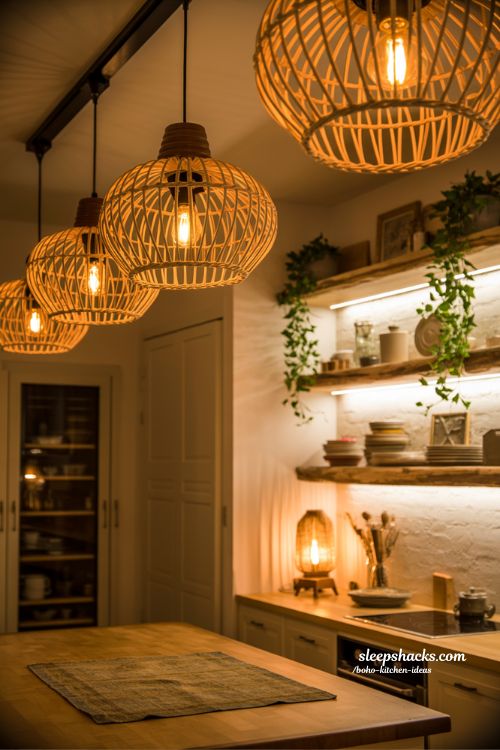 Woven Rattan Pendant Lights in Cozy Boho Kitchen with Warm Lighting