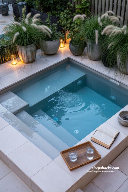 Zen Minimalist Inground Plunge Pool with Integrated Seating Ledge and Soft Evening Glow