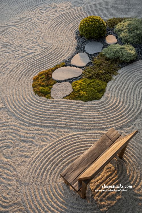 Zen garden backyard ideas showing rocks gravel wood and plants in balanced harmony