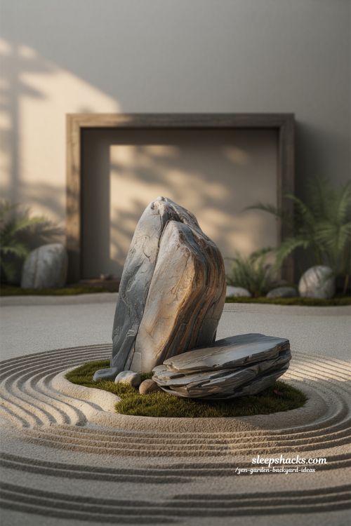 Zen garden backyard ideas with asymmetrical rock placement for natural balance