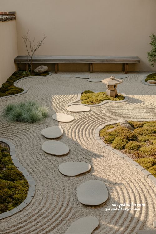 Zen garden backyard ideas with natural flowing layout and soft curved design