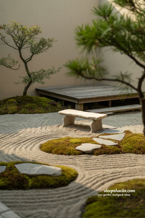 Zen garden backyard ideas with simple seating area designed for calm stillness