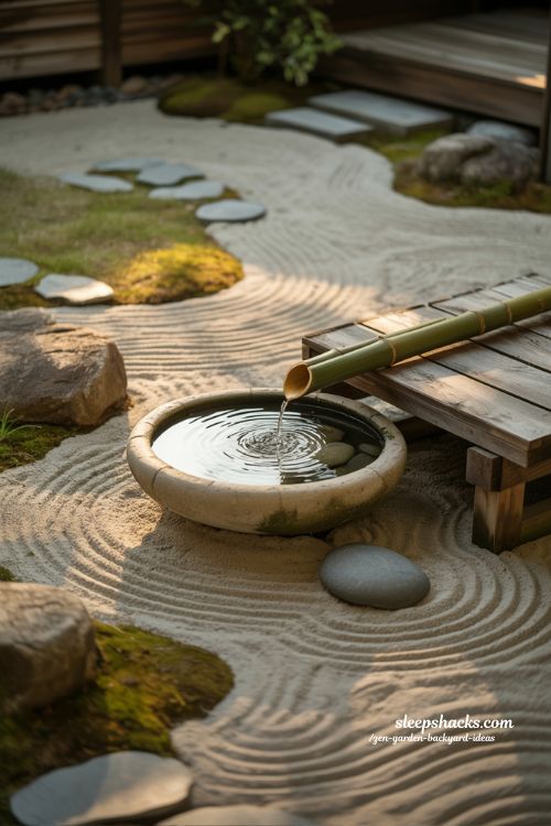 Zen garden backyard ideas with small fountain for soft calming water sound