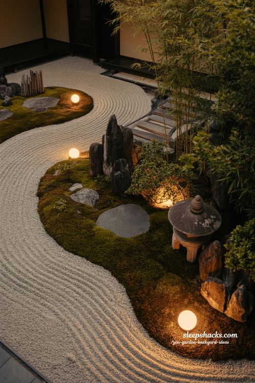 Zen garden backyard ideas with soft lighting for calm evening atmosphere