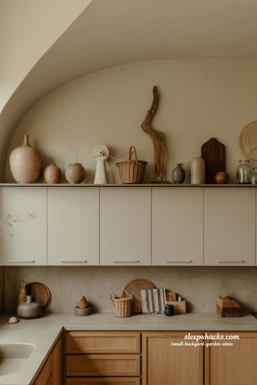 above cabinet decor ideas that transform empty kitchen space into a warm modern design skyline with natural textures and calm styling