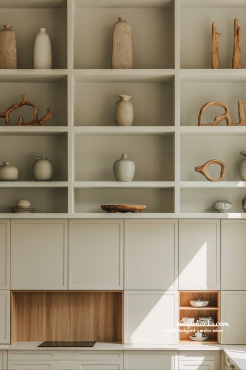 above cabinet decor ideas with intentional clustered styling and balanced modern kitchen rhythm using natural textures and minimal design